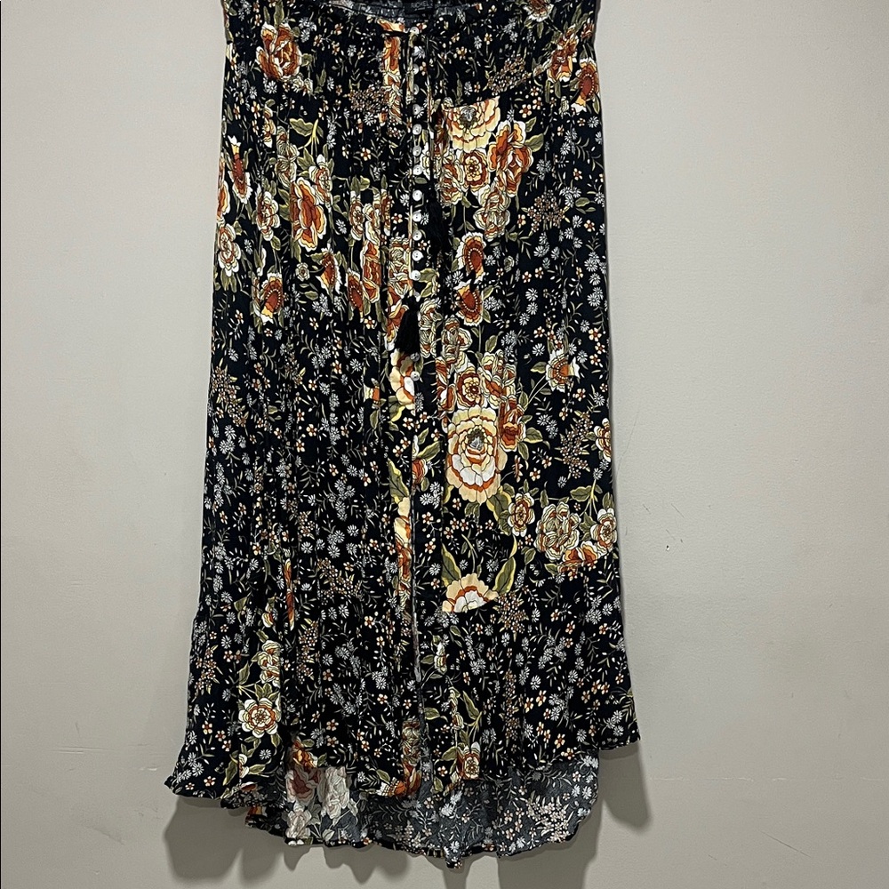 Rachel Zoe Black Floral High-Low Skirt with Orange and Cream Blooms